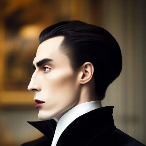 Prompt: side view from the waist up of a strikingly handsome Dracula in his early 30s, dressed in a sleek black suit with a vibrant red bow tie, stands sideways. The image should be photo realistic, 

