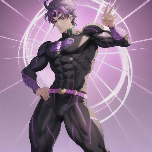 Prompt: a professional anime painting of  a "stand" from "JoJo's Bizarre Adventure" style.
full body standing character. jojo pose.
detailed face, detailed eyes. realistic face, realistic eyes.
humanoid "Stand" male, tall and very muscular.
skin color is matte black and covered with diagonal grid pattern of thin purple lines.
wears armor belt.
wears circular, oval, and heart-shape armor plates.
armor plates in alternating colors of: light blue, light purple, pastel yellow and pastel pink.
highly detailed, intricate detailed,
pastel light blue background 
by Hirohiko Araki.