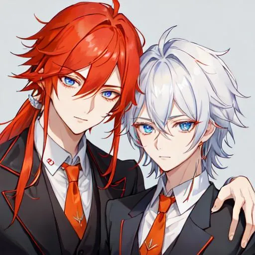 Prompt: Zerif 1male (Red side-swept hair covering his right eye) and Erikku 1male (orange hair, blue eyes) wearing suits at a wedding