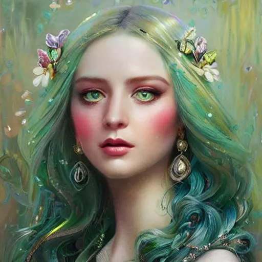 Prompt: A beautiful woman, beautiful face, stunning snake green eyes, ombre gradient green hair, delicate dress made of gradient iridescent snake scales details by pino daeni, tom bagshaw, Cicely Barker, Daniel Merriam, intricate details by Andrew atroshenko, James Jean, Mark Ryden, charlie bowater, WLOP, Jim burns, esao Andrews, Megan duncanson, beautiful portrait , very detailed, high definition, crisp quality, cinematic smooth, cinematic lighting, ultrarealistic, crispy focus 