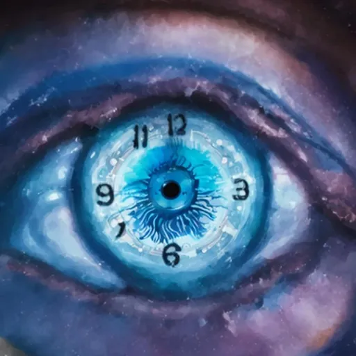 Prompt: anime, painted, close up image of an eye like a blue inorganic clock face