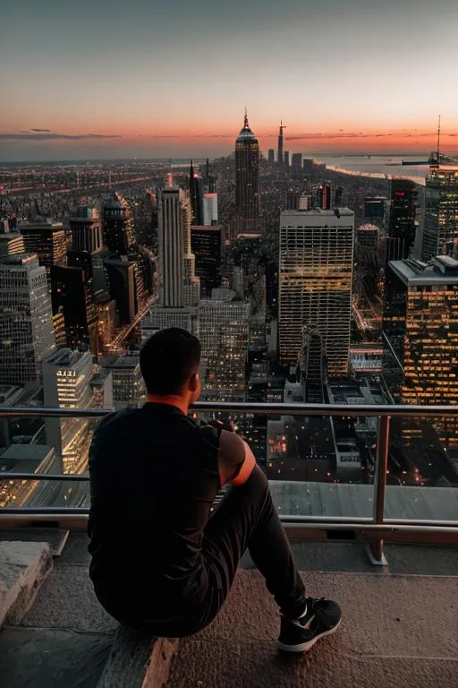 Prompt: a demon overlooking a massive cityscape, with a red hue over the horizon