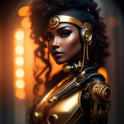 Prompt: Please produce a photograph of a steampunk robotic beautiful female android, brown skin, with fantasy colors, flashy lights, in a light background, high quality, trending art, trending on artstation, sharp focus, studio photo, intricate details, highly detailed, UHD, HDR, 8K, ((Masterpiece))