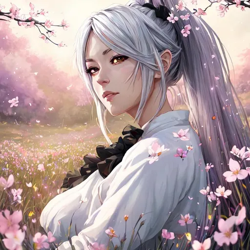 Prompt: Digital art, splash art, game art, natural light, colorful, closeup face portrait of an anime woman lying on field of flowers, silver hair with black streaks, ponytail, wearing white dress, flying fireflies, cherry blossom