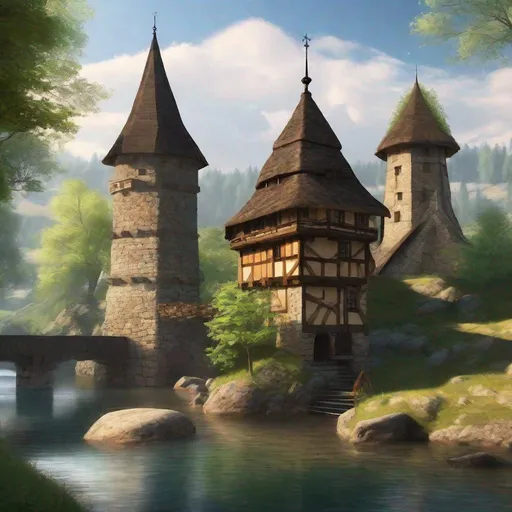 Prompt: medieval stone tower, pointed wooden roof, ((otherworldly)), Beautiful space, along a scenic river bank