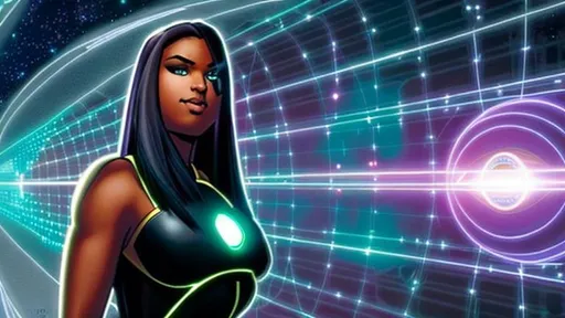 Prompt: Hope Alguin--dark-skinned curvaceous cyborg beauty--uses a quantum computer to scan the Omniverse for any trace of her lost android muse-brother, Philo Layne. art by Juan Gimenez and Adi Granov