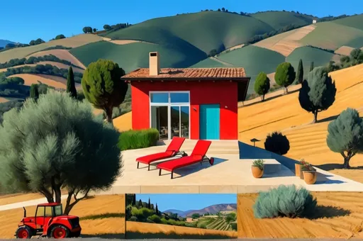 Prompt: modern wooden one-story square house, (David Hockney style), situated atop a hill, surrounded by an Italian olive farm, picturesque mountains looming in the background, bright, vivid colors, textured brush strokes, a striking red tractor nearby, serene atmosphere, inviting ambiance, ultra-detailed, (4K) resolution, capturing the essence of rural elegance and tranquility.