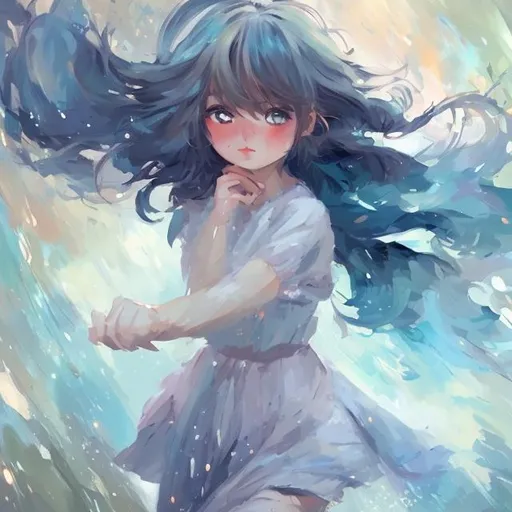 Prompt: cute anime girl, dynamic pose, big watery eyes, digital art, brush strokes, painterly, impressionist style, half painted