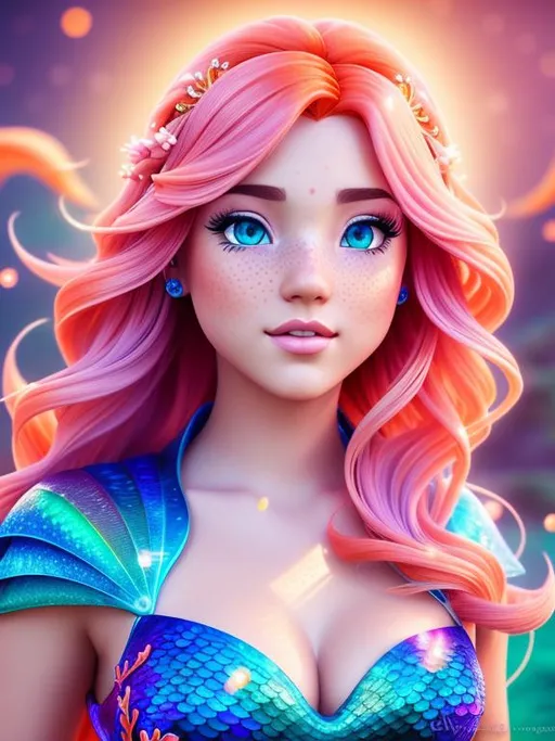 Prompt: fantasy genre, disney art style, disney princess, multi-color hair, side lighting, volumetric lights, symmetrical face, freckles, on coral 
reef, full body, 8k Quality, visible cleavage, mermaid, non human, koi, fish scales
