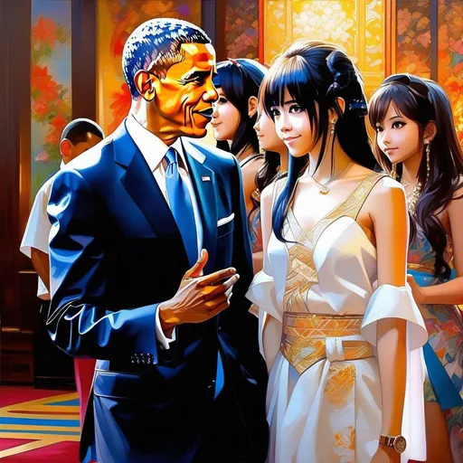 Prompt: Barack Obama meets anime girls, anime style, extremely detailed painting by Greg Rutkowski and by Henry Justice Ford and by Steve Henderson 