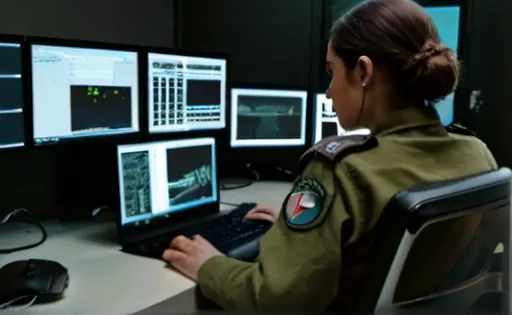 Prompt: female IDF soldier is using a computer at a desk with multiple monitors on it and a keyboard, Avigdor Arikha, les automatistes, screenshot, computer graphics