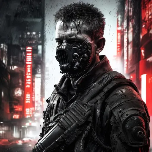 Prompt: Villain. Black and red military style body armour. Slow exposure. Detailed. mouth mask. Dirty. Dark and gritty. Post-apocalyptic Neo Tokyo. Futuristic. Shadows. Sinister. Armed. Brutal. Intimidating. Evil. Bionic enhancements. Fanatic. Intense. Heavy rain.