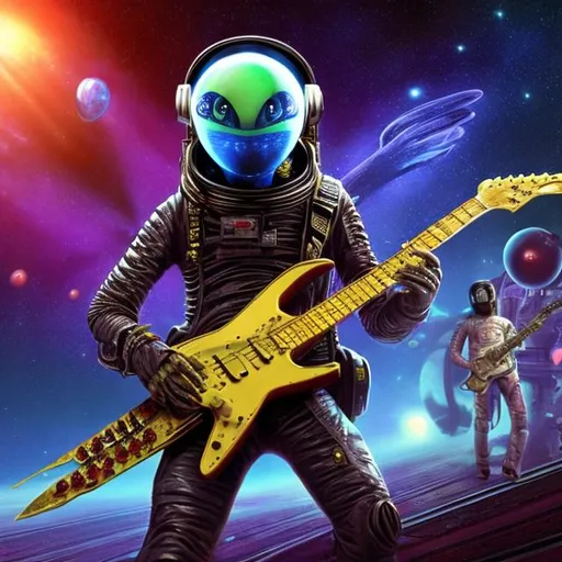 Prompt: Alien Astronaut playing a double-necked Guitar for spare change in a busy alien mall, widescreen, infinity vanishing point, galaxy background, surprise easter egg