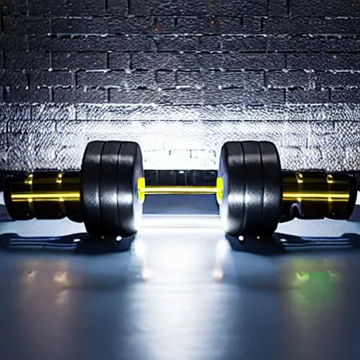 Prompt: Glowing barbell in a garage, realistic product shot 3D