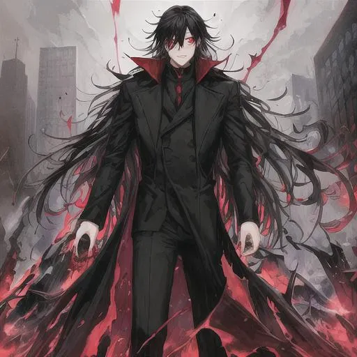 Prompt: A man God,s black long coat, red eyes flashing, background destroyed chaotic city