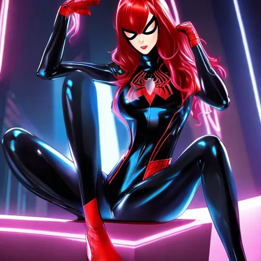 Prompt: Genderswapped Spider-Man in a latex bikini bound to a chair with neon chains and oiled up. Red haired and smooth skin.