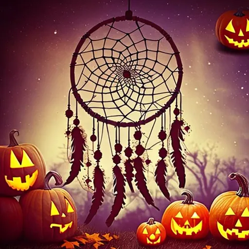 Prompt: Dreamcatcher and Halloween, night, pumpkins, fantasy ,