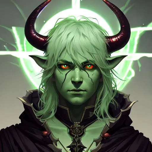 Prompt: God of the storm. Has horns and green skin. He wears a mage robe. He has glowing eyes. HD. Ilya Kuvshinov.