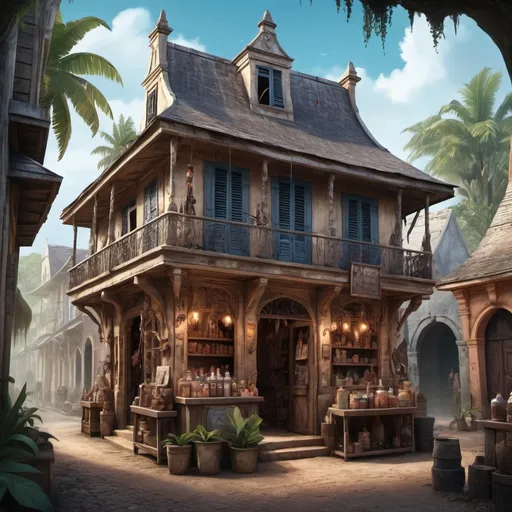 Prompt: Fantasy Illustration of a small voodoo shop, entire structure, French colonial architecture, immersive world-building, high quality, detailed, epic scale, fantasy, tropical french colonial town 