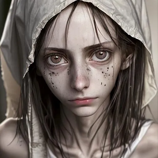 Prompt: A unhealthy, homeless, very thin, anorexic, 18 year old girl, pale complexion, dark hair, dark circles under her eyes, chapped lips, facial closeup
