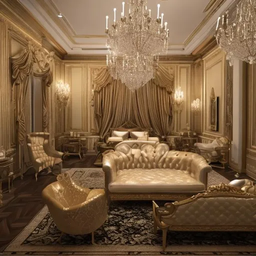 Prompt: Create a 4k, HD, ultra realistic, focusing on a luxury room with furniture, with glam decor. 