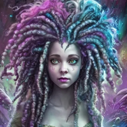 Prompt: Create fairy tale creatures with dreadlocks hair. Fairy colors. Fairies. Unicorns. Outside, daylight. Science fiction. 64k. UHD, HDR. ((Masterpiece))