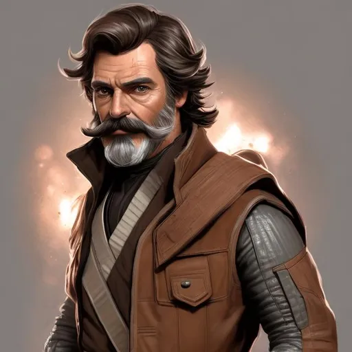 Prompt: A Star Wars character, Male, middle aged, brown shoulder length hair, salt and peppered beard and mustache, Italian looking, Brown jacket with high collar, straps and buckles, Holster, silver belt buckle, utility belt, blaster pistol,  Star Wars concept art


