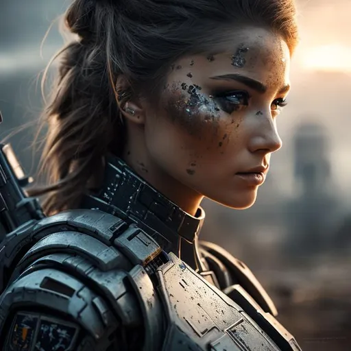 Prompt: create a photograph of beautiful  fictional elite space soldier female who is battle-scarred i, extremely detailed environment, detailed background, intricate, detailed skin, natural colors , professionally color graded, photorealism, 8k, moody lighting