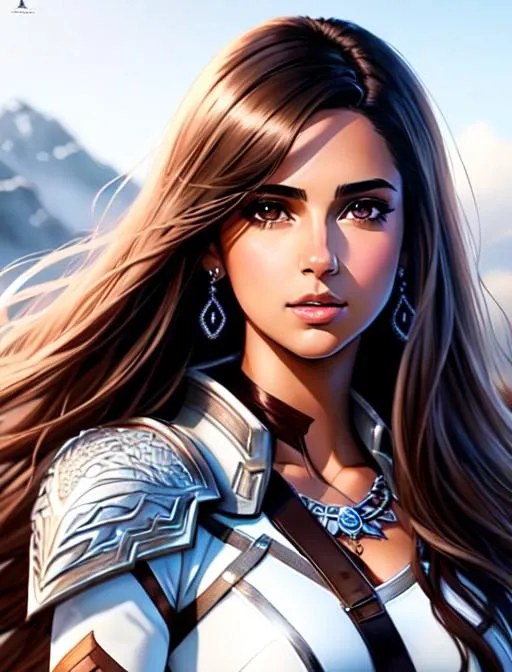 Prompt: Naomi Scott, manga movie poster, parted bangs, brown hair, brown eyes, battlefield setting, ethereal, white dragon armor, jewelry set balayage wild hair, royal vibe, highly detailed, digital painting, Trending on artstation , HD quality, tan skin, Big Eyes,artgerm, by Ilya Kuvshinov 