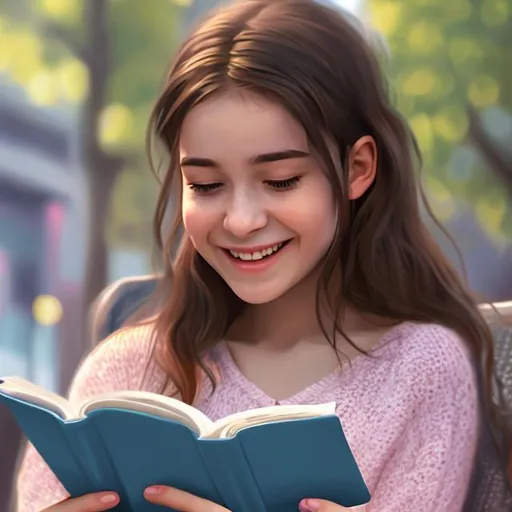 Prompt: Create a hyperrealistic 4k, detailed high-quality portrait of a girl smiling while reading a message on her phone.