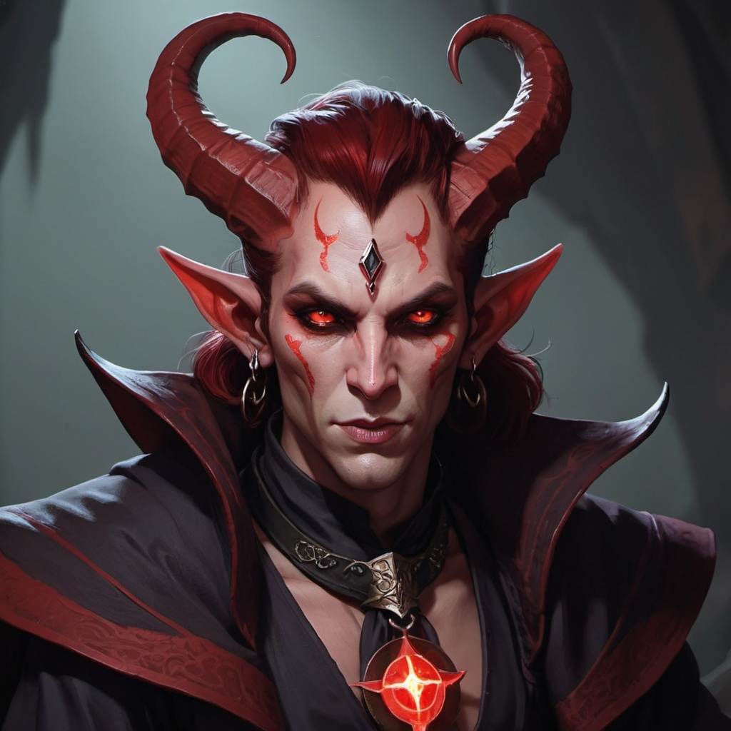 a tiefling warlock with demonic red skin red eyes an...