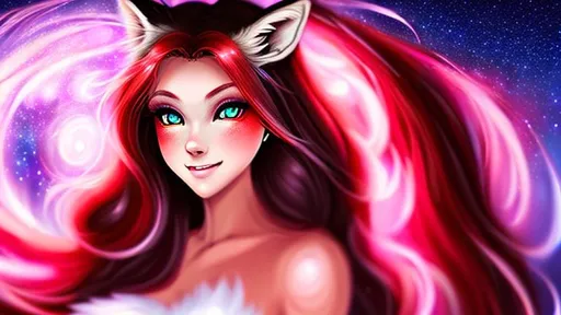 Prompt: Fox girl, woman, girl, fox, lady, fox woman, fox lady, female, female fox, fox female, long white hair, blood red eyes, midnight sky, {{{Hyper detailed}}}, {{{Photorealistic}}}, {{{Hyper realistic}}}