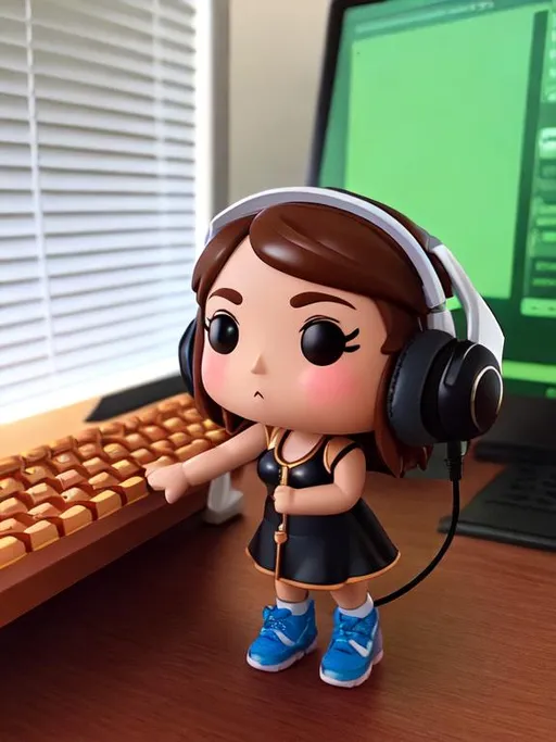 Prompt: cute funko pop female figure with shoulder length brown hair, brown eyes, holding a keyboard and wearing a headset