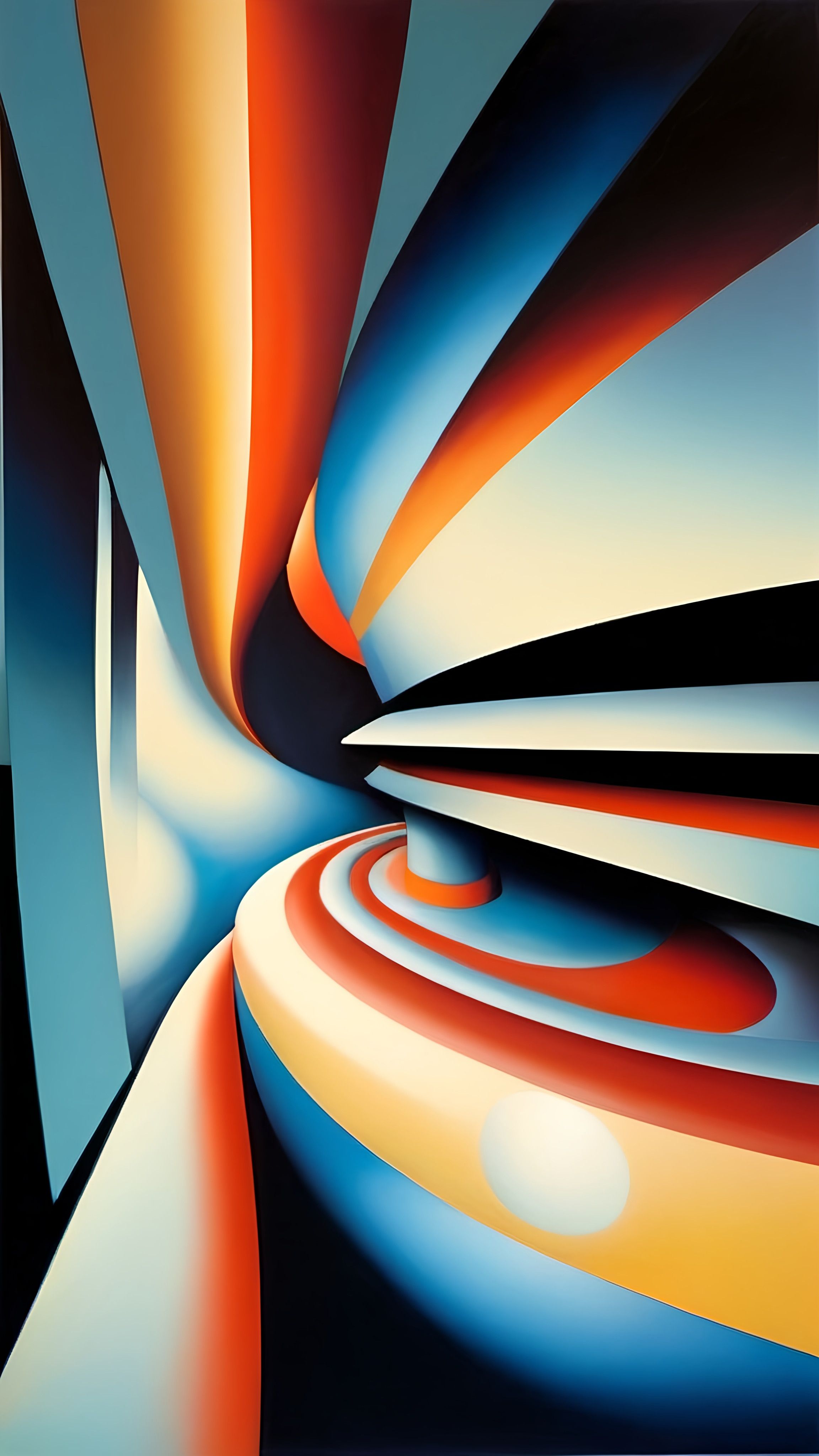 Prompt: a painting of a spiral design with a blue background and orange and blue colors on the bottom half of the image