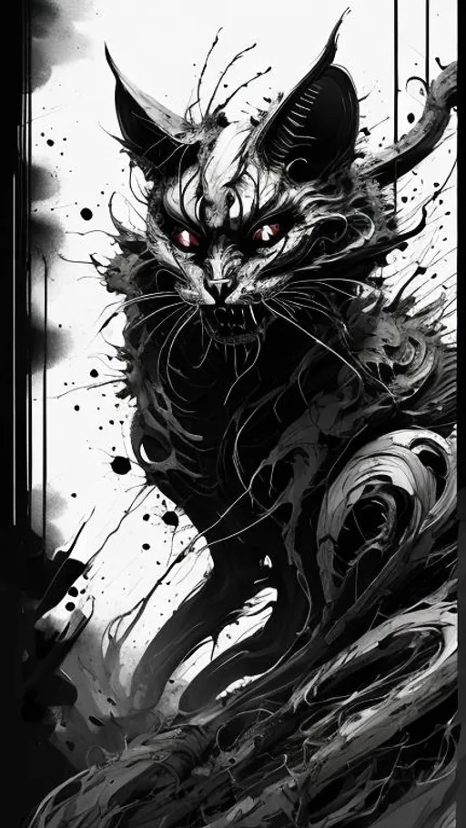 Prompt: Demon Cat negative black and white Speedpaint with large brush strokes by , Junji Ito, Ismail Inceoglu, , Gazelli, M.W. Kaluta, richard anderson, paint splatter, white ink, a masterpiece, 8k resolution, trending on artstation, horror, terrifying, highly detailed and intricate