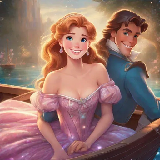 Prompt: Vivid, detailed, Disney classic art style, Giselle Disney princess, smiling, sparkling glittering gown, anime, bow, visible cleavage, in boat with prince