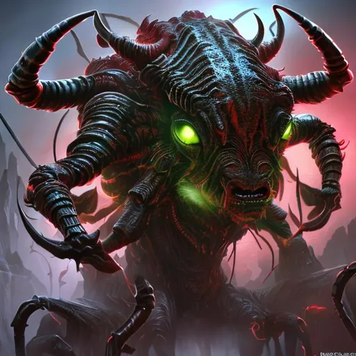 Prompt: six horned bull, spider arachnid eyes, muscular, black, red, alien, scifi arena