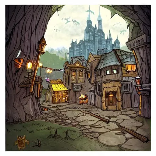Prompt: cute little storybook magic town, medieval fantasy, dnd art, brothers grim