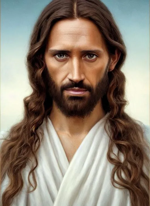 Prompt: Portrait of {Jesus} with {Brown} long hair and with a handsome face wearing a white robe, { floating in the skies}, perfect composition, hyperrealistic, super detailed, 8k, high quality, trending art, trending on artstation, sharp focus, studio photo, intricate details, highly detailed, by greg rutkowski