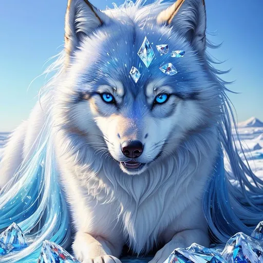 Prompt: (masterpiece, oil painting, professional, epic digital art, best quality:1.5), insanely beautiful ((she-wolf)), (canine quadruped), beautiful portrait, adolescent, ice elemental, deep blue billowing fur covered in frost, bashful hypnotic sapphire blue eyes, gorgeous 8k eyes, gorgeous silver mane covered in frost, (plump:2), finely detailed fur, hyper detailed fur, (soft silky insanely detailed fur), frozen waterfall, freezing rain, soft light, lying in frosted meadow, grassy field covered in frost, cool colors, cunning, symmetric, golden ratio, unreal engine, depth, volumetric lighting, rich oil medium, (brilliant auroras), (ice storm), full body focus, beautifully detailed background, cinematic, 64K, UHD, intricate detail, high quality, high detail, masterpiece, intricate facial detail, high quality, detailed face, intricate quality, intricate eye detail, highly detailed, high resolution scan, intricate detailed, highly detailed face, very detailed, high resolution