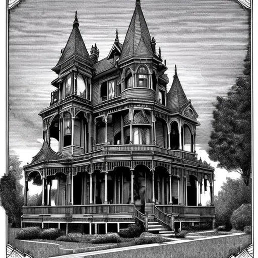 Prompt: in the style of horror and graphite, make a victorian style house with boarded windows