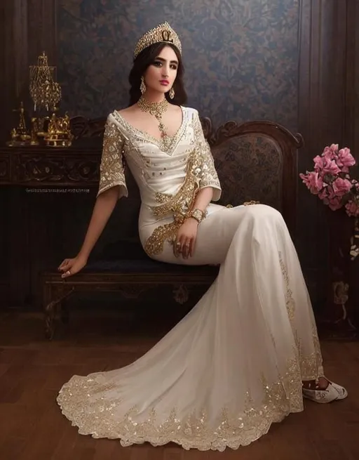 Prompt: full body hotoshoot of a beautiful Iranian princess "shah dokht" with intricately decorated with jewelry, long white dress, louts flowers, cinematic, realistic, photoreal, trending on artstation, sharp focus, studio photo, intricate details, highly detailed, by Greg Rutkowski