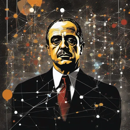 Prompt: The Godfather and futuristic graphics representing networks, data flows or digital patterns in a Jackson Pollock painting