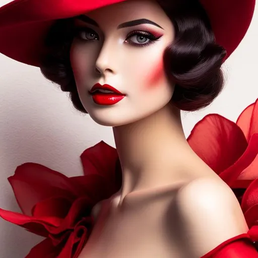 Prompt: a pretty girl  dressed in red, wearing a  large red hat 1920's era, bob hair cut, 1920's era makeup, facial closeup