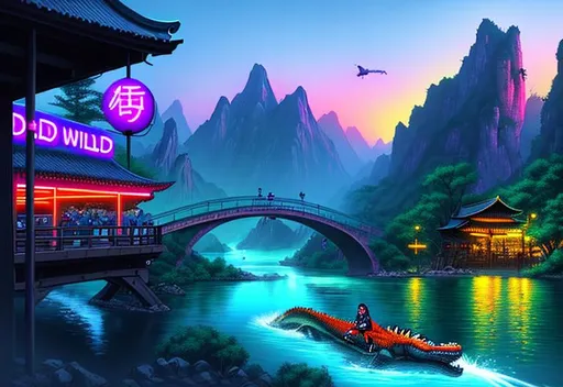 Prompt: ninja girl and ninja crocodiles, wild environment, nature, river, mountains, bridge, digital art, neon lights