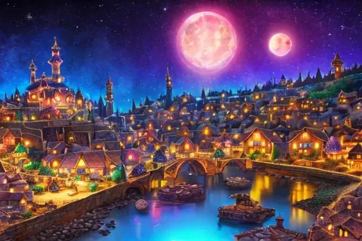 Prompt: magical colorful village under night sky