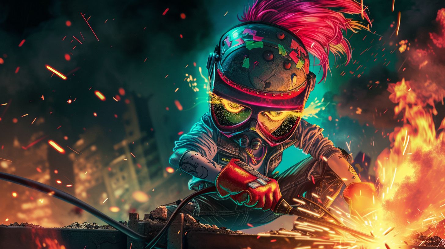 Prompt: bad to the bone punk girl wearing welding mask while welding sparks flying in the style of garbage pail kids x happy tree friends