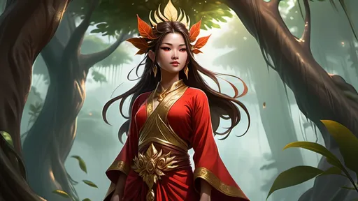 Prompt: Nang Ta-khian, beautiful female Thai tree spirit, wearing red and brown elegant Thai robe, hair decorated with leaves and a golden diadem, brown glowing eyes, hovering 1 foot above the ground next to a huge djungle tree, mystical atmosphere, RPG-fantasy, intense, detailed, game-rpg style, bright lighting, fantasy, detailed character design, atmospheric, otherwordly ambiance