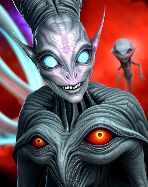 Prompt: Cosmic Horror Sinister 3D HD Menacing {Grey}Alien female, hyper realistic, 4K expansive Psychedelic background --s99500