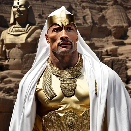 Prompt: dwayne johnson, moustache, pharoah, white gown, gold head dress